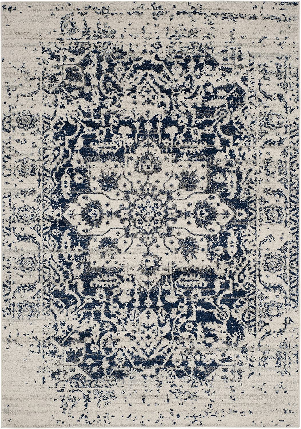 Madison Collection Area Rug - 8' X 10', Cream & Navy, Snowflake Medallion Distressed Design, Non-Shedding & Easy Care, Ideal for High Traffic Areas in Living Room, Bedroom (MAD603D)