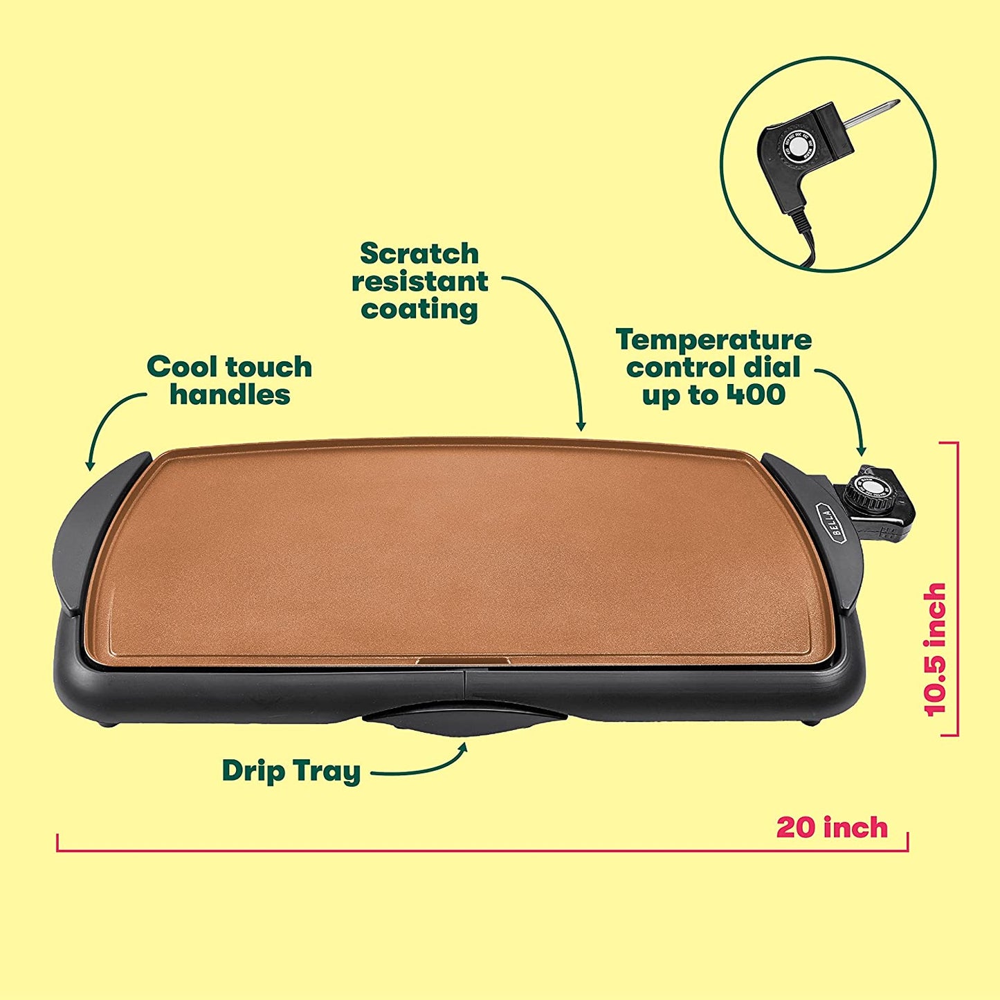 BELLA Electric Ceramic Titanium Griddle, Make 10 Eggs at Once, Healthy-Eco Non-Stick Coating, Hassle-Free Clean Up, Large Submersible Cooking Surface, 10.5" X 20", Copper/Black