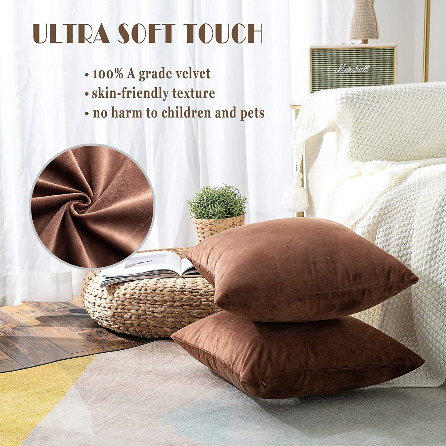 Super Soft Velvet Throw Pillow Covers Square Pillowcase for Bed Couch Sofa Bench, 18 X 18 Inch (45 Cm), Chocolate, Pack of 2