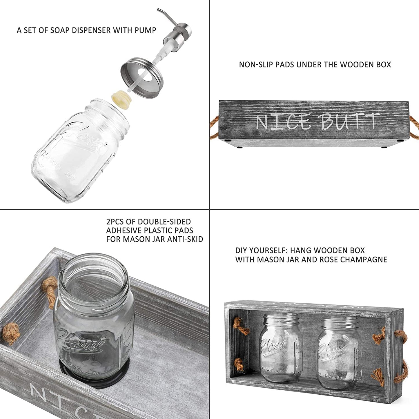 Wood Toilet Paper Holder, Farmhouse Nice Butt Bathroom Decor Box with 16Oz Mason Jar Soap Dispenser&Rose Flower,Funny Home Decor Crate for Bathroom,Kitchen,Table Counter, Medium Grey
