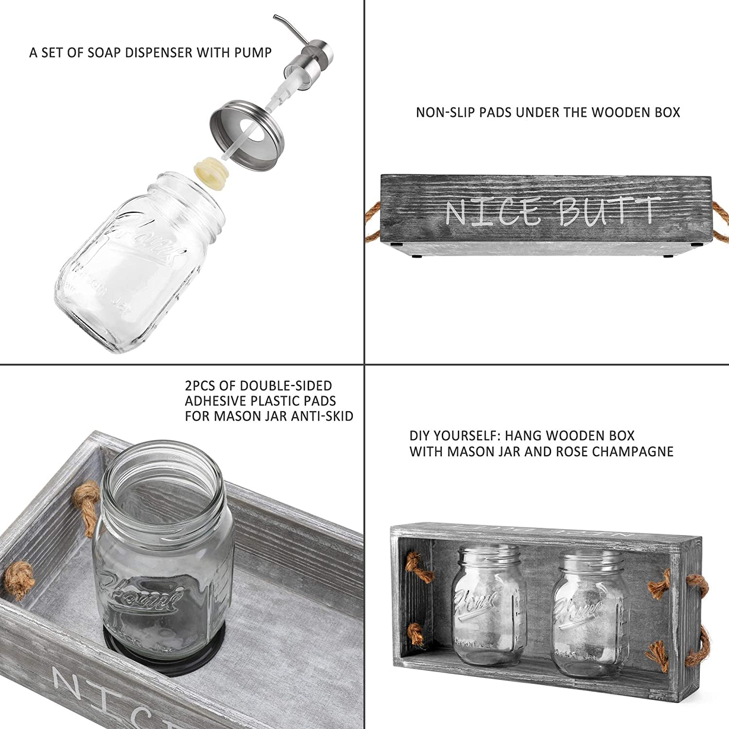 Wood Toilet Paper Holder, Farmhouse Nice Butt Bathroom Decor Box with 16Oz Mason Jar Soap Dispenser&Rose Flower,Funny Home Decor Crate for Bathroom,Kitchen,Table Counter, Medium Grey