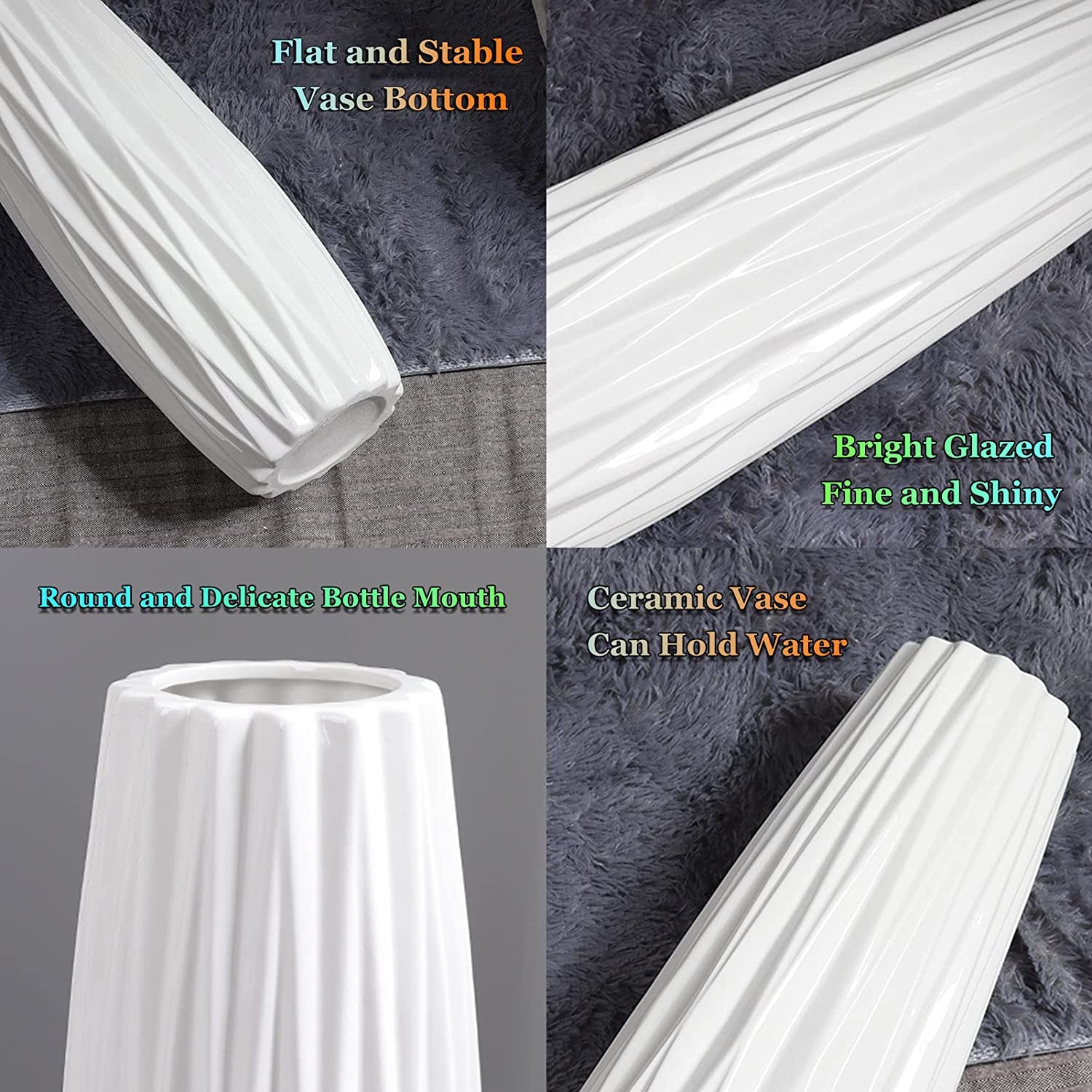 White Ceramic Vase 17.7" Tall Table Floor Vase Decorative Flower Vase for Table Centerpieces Shelf Home Decor Dried Flower Arrangement for Wedding House Warming Office Porch