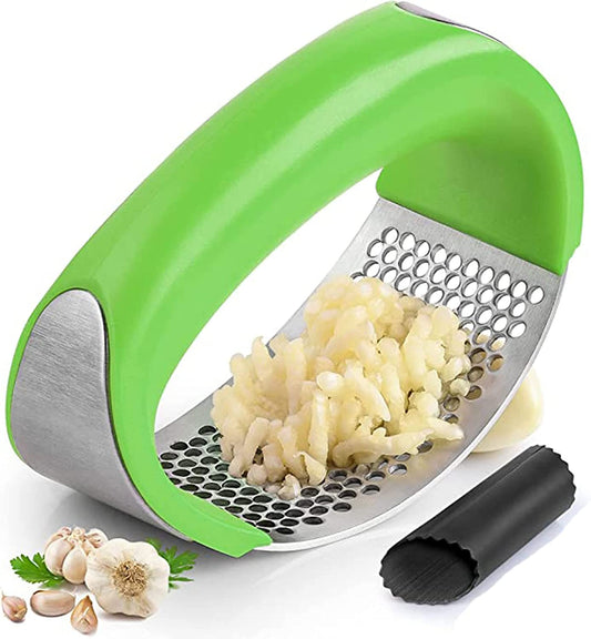 Garlic Press, Garlic Press Stainless Steel, Garlic Press Rocker Garlic Peeler Set Cleaning Brush Kitchen Garlic Chopper Press Rocker Easy Operate and Clean Kitchen Tools (Green)
