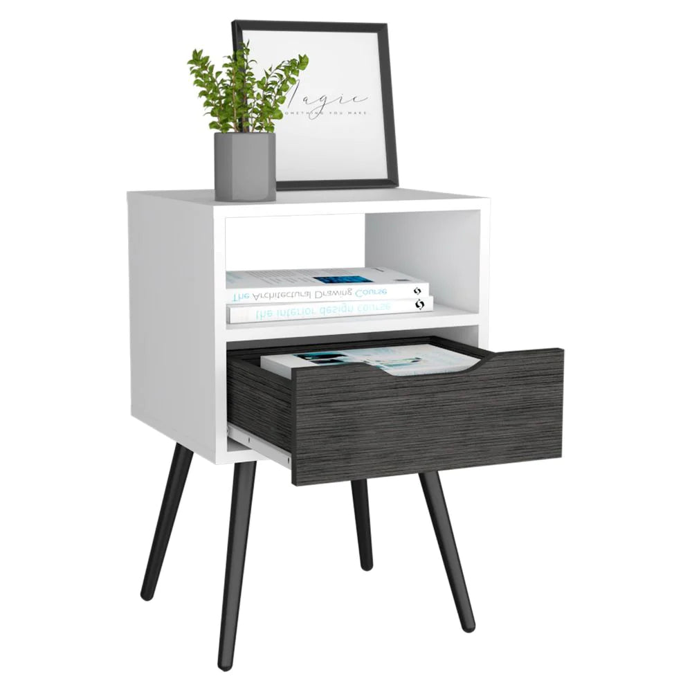 Nightstand Fugaz, Open Shelf, Single Drawer, Smokey Oak / White Finish