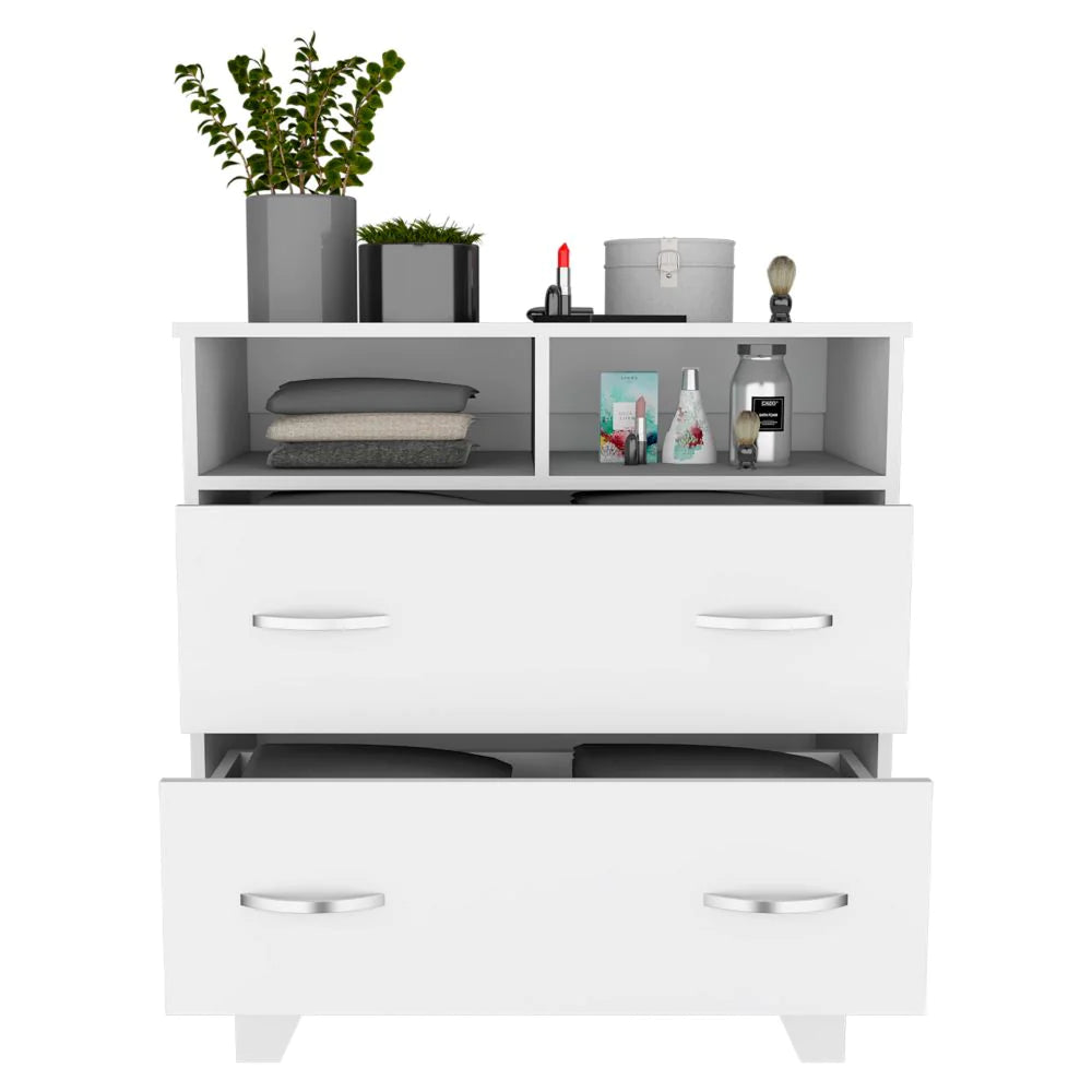 Double Drawer Dresser Arabi, Two Shelves, White Finish