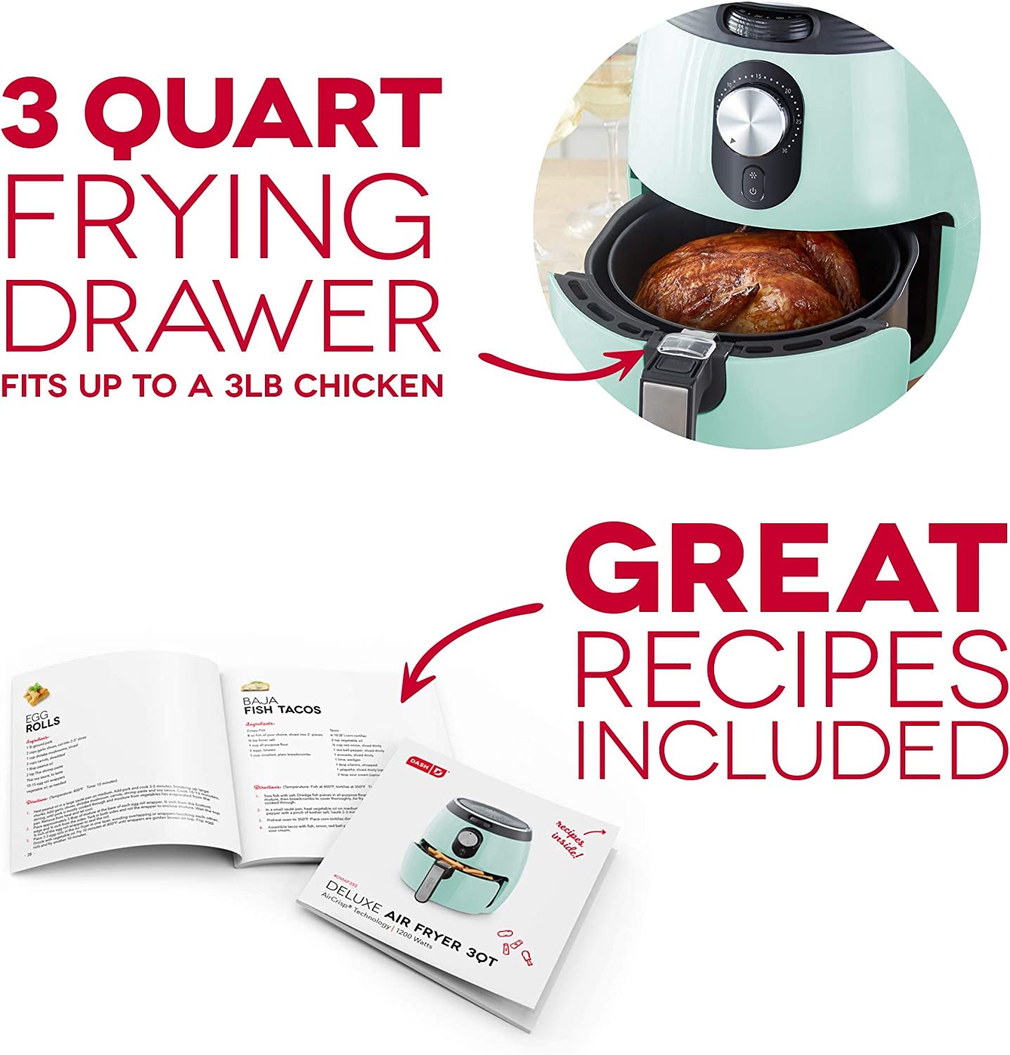 Deluxe Electric Air Fryer + Oven Cooker with Temperature Control, Non-Stick Fry Basket, Recipe Guide + Auto Shut off Feature, 1200-Watt, 3 Quart - Aqua
