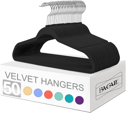 Velvet Hangers 50 Pack, Black Non Slip 360 Degree Swivel Hook Strong and Durable Clothes Hangers for Coats, Suit, Shirt Dress, Pants & Dress Clothes