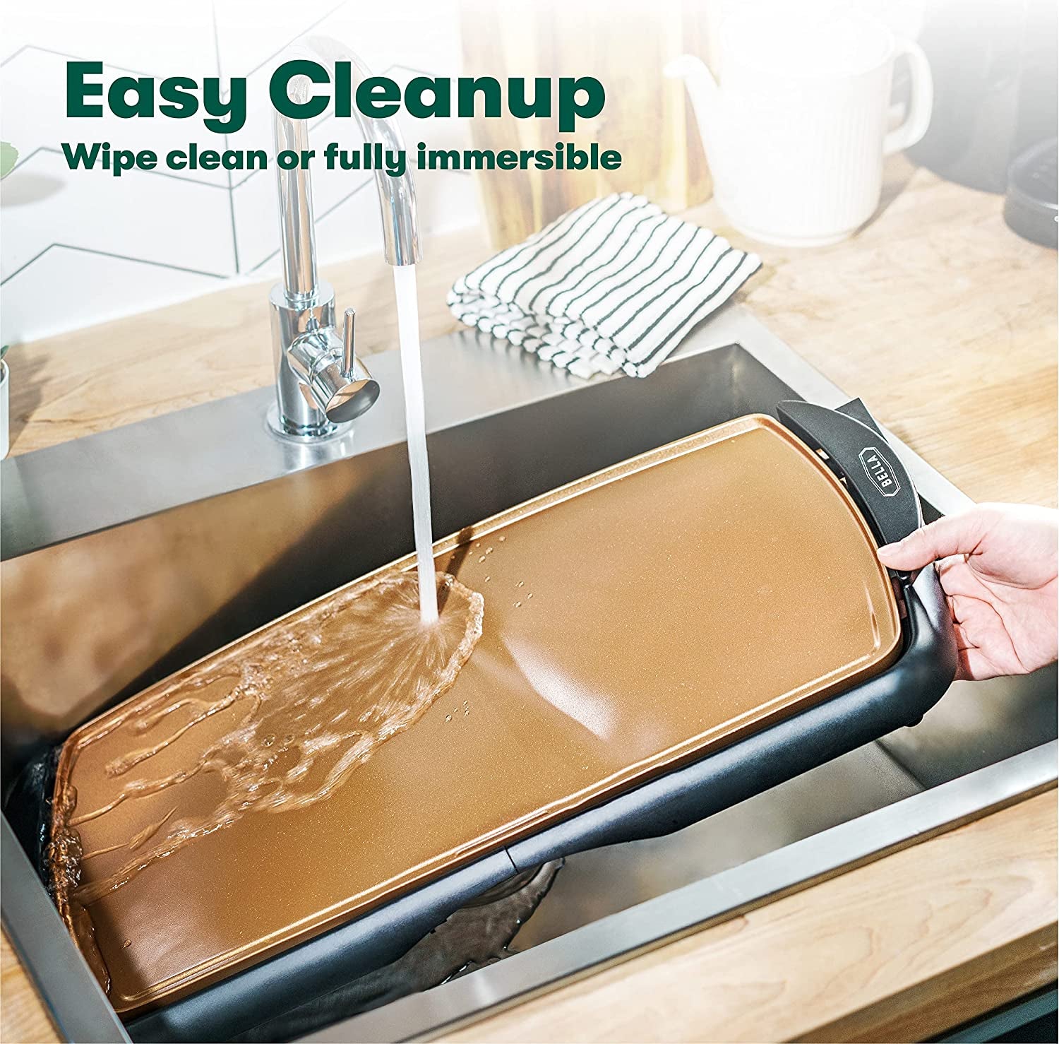 BELLA Electric Ceramic Titanium Griddle, Make 10 Eggs at Once, Healthy-Eco Non-Stick Coating, Hassle-Free Clean Up, Large Submersible Cooking Surface, 10.5" X 20", Copper/Black