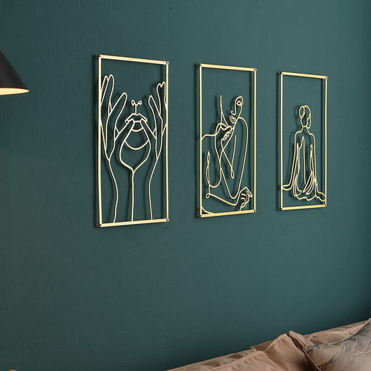 Gold Wall Art Decor Set of 3 , 0.12'' Thicker Metal Minimalist Decor Art, Modern Abstract Female Single Line Art Home Hanging Wall Sculptures, Gold Room Decor Accents for Bedroom Living Room (18.0 X12.0 Inches)