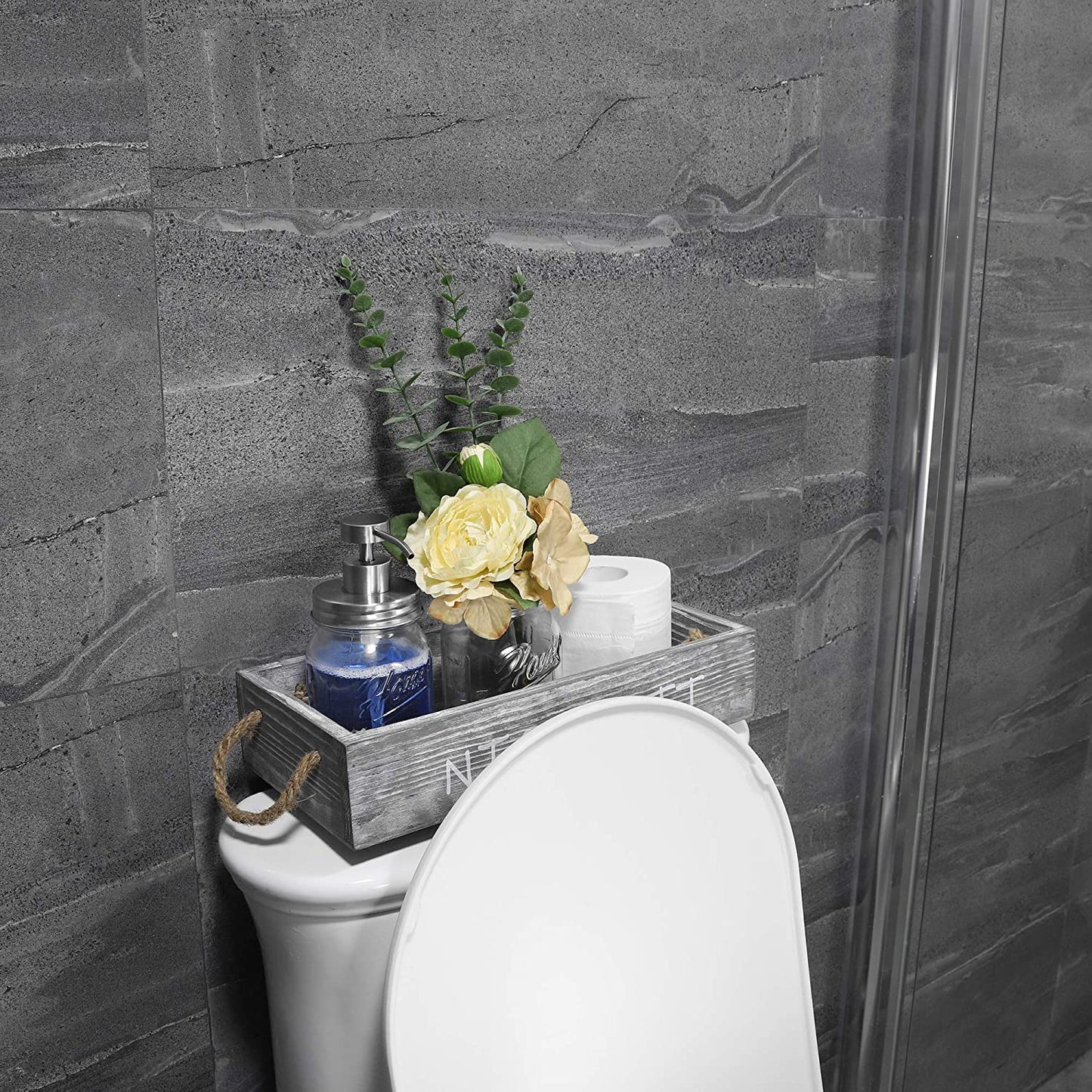 Wood Toilet Paper Holder, Farmhouse Nice Butt Bathroom Decor Box with 16Oz Mason Jar Soap Dispenser&Rose Flower,Funny Home Decor Crate for Bathroom,Kitchen,Table Counter, Medium Grey