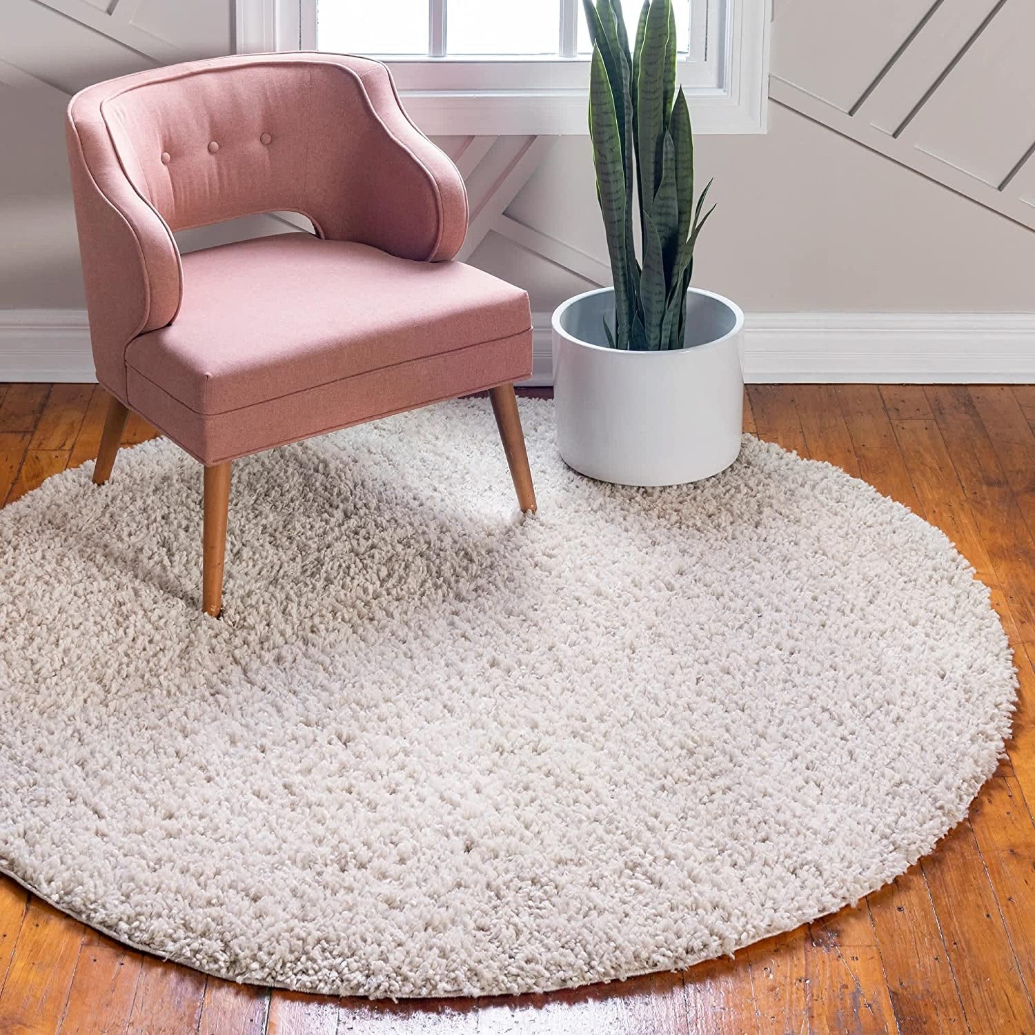 Davos Shag Collection Area Rug - Solid (4' 1" Round, Linen)