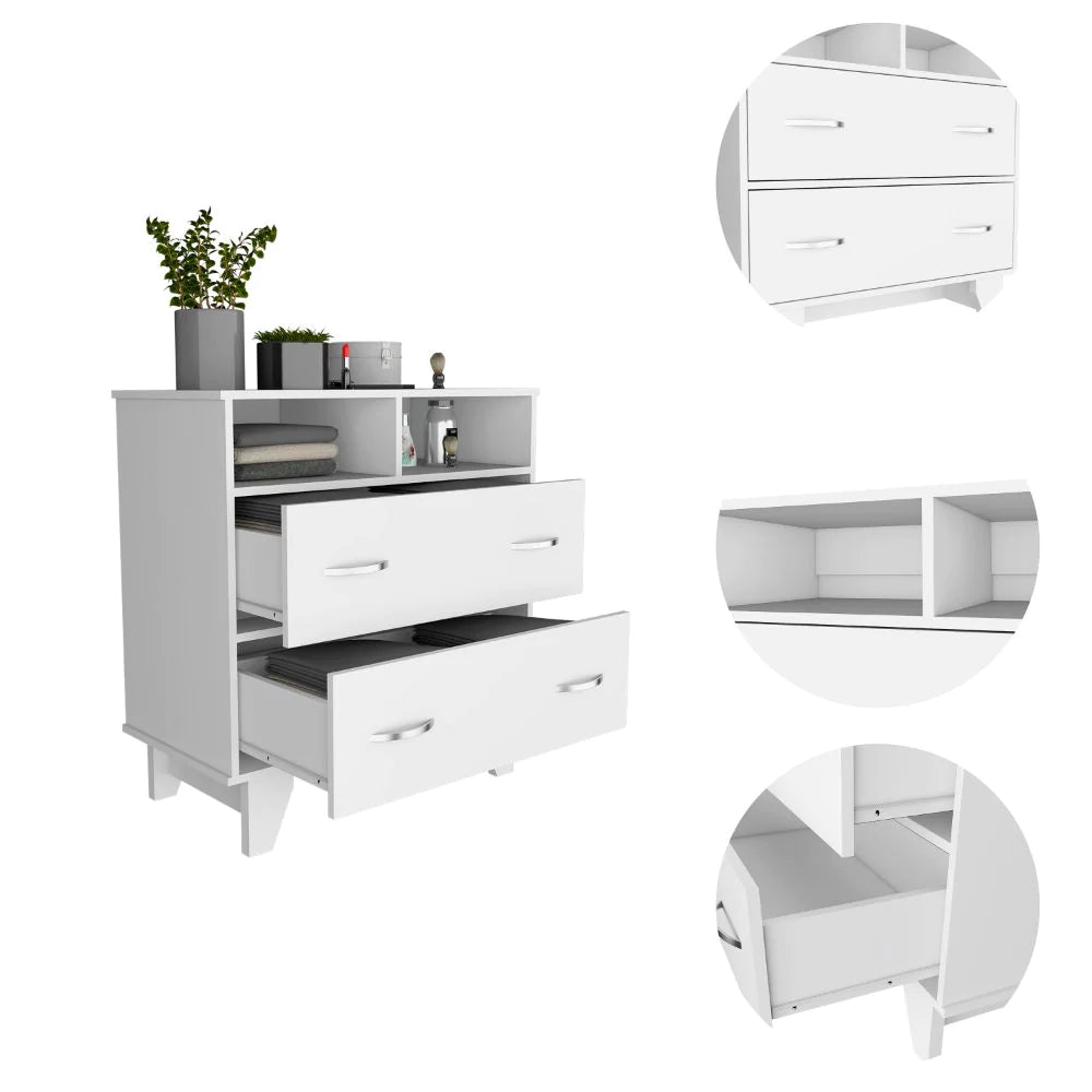 Double Drawer Dresser Arabi, Two Shelves, White Finish