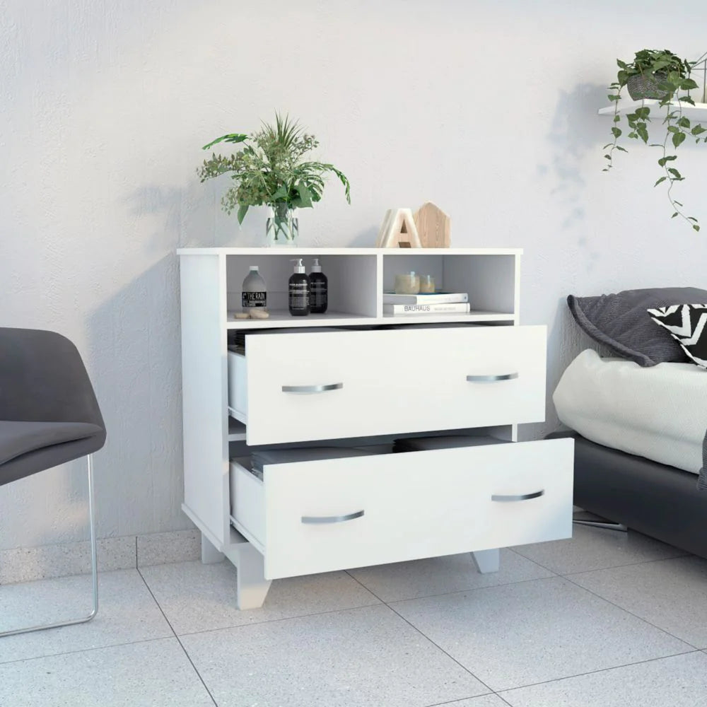 Double Drawer Dresser Arabi, Two Shelves, White Finish
