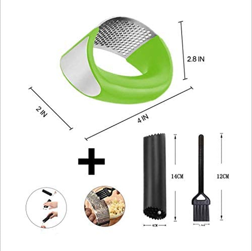 Garlic Press, Garlic Press Stainless Steel, Garlic Press Rocker Garlic Peeler Set Cleaning Brush Kitchen Garlic Chopper Press Rocker Easy Operate and Clean Kitchen Tools (Green)
