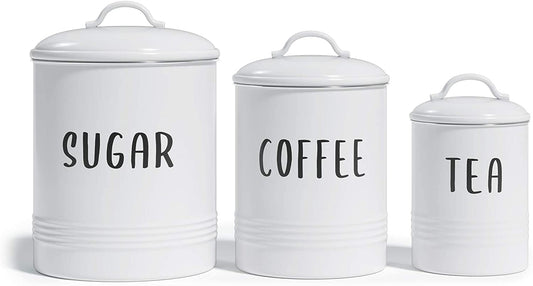 White Canister Sets for Kitchen Counter, Vintage Kitchen Canisters, Country Rustic Farmhouse Decor for the Kitchen, Coffee Tea Sugar Farmhouse Kitchen Decor, Metal, Set of 3