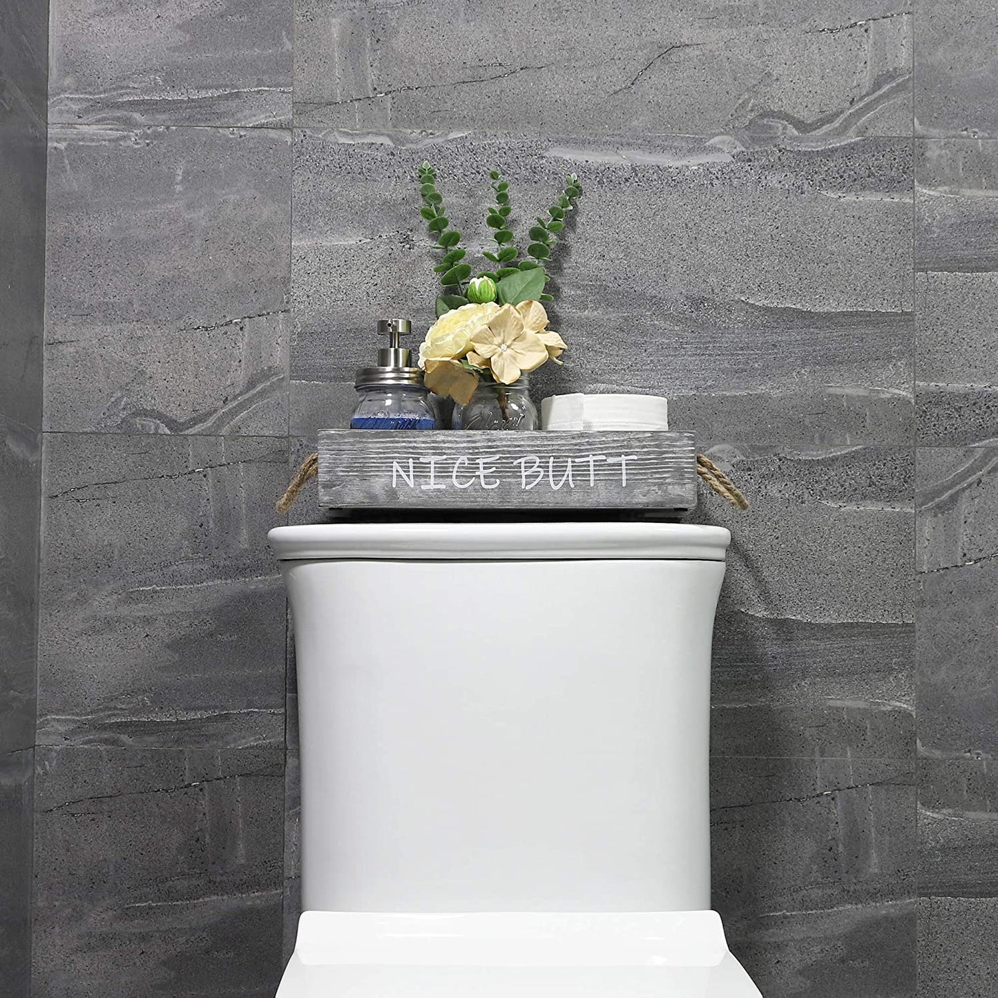 Wood Toilet Paper Holder, Farmhouse Nice Butt Bathroom Decor Box with 16Oz Mason Jar Soap Dispenser&Rose Flower,Funny Home Decor Crate for Bathroom,Kitchen,Table Counter, Medium Grey