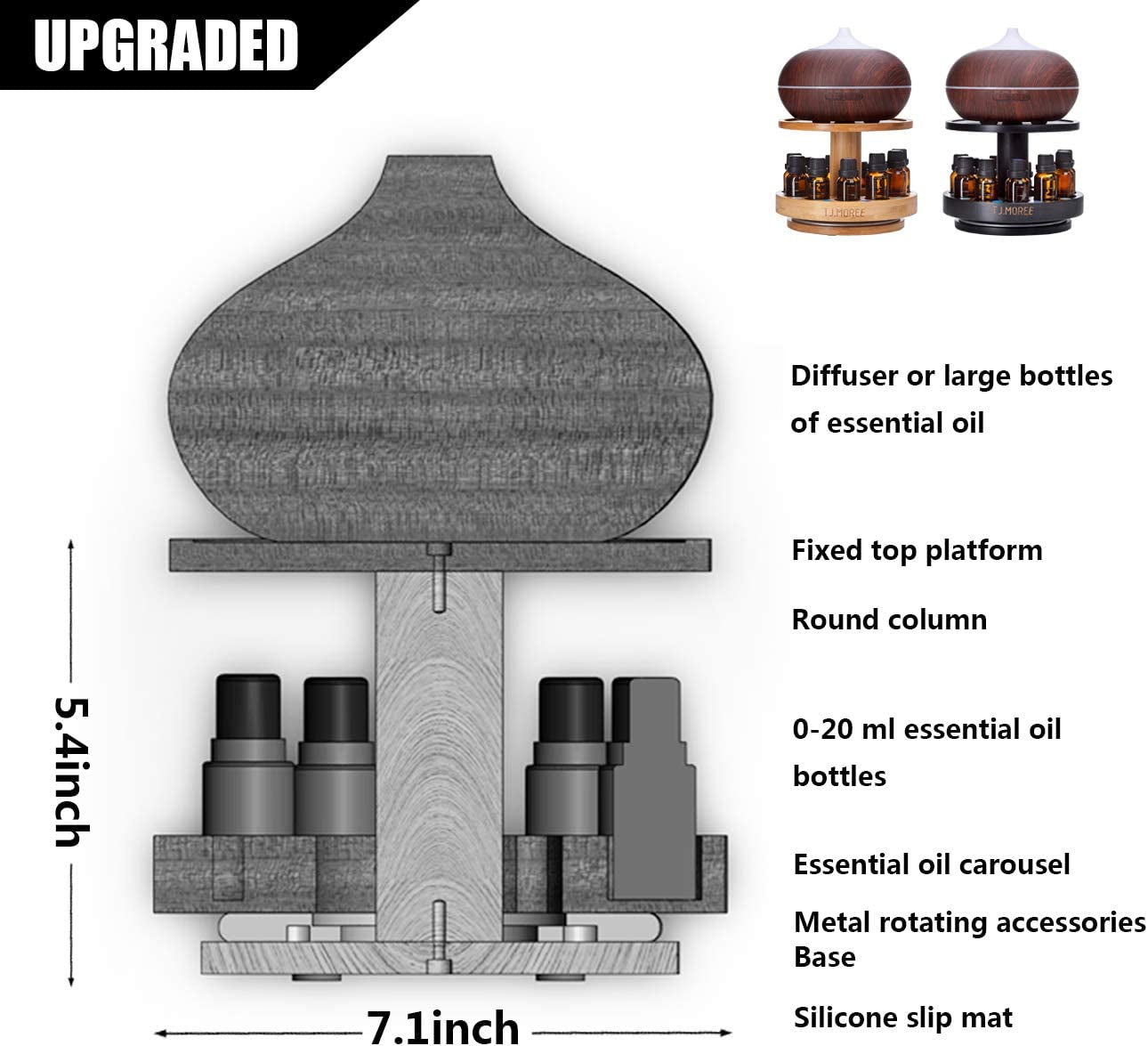 Bamboo Diffuser Holder Carousel- 2 Tier Height Increase Rack with Upper Tray for Holding Diffuser, for 5Ml, 10Ml, 15Ml, 20Ml Essential Oils Bottles