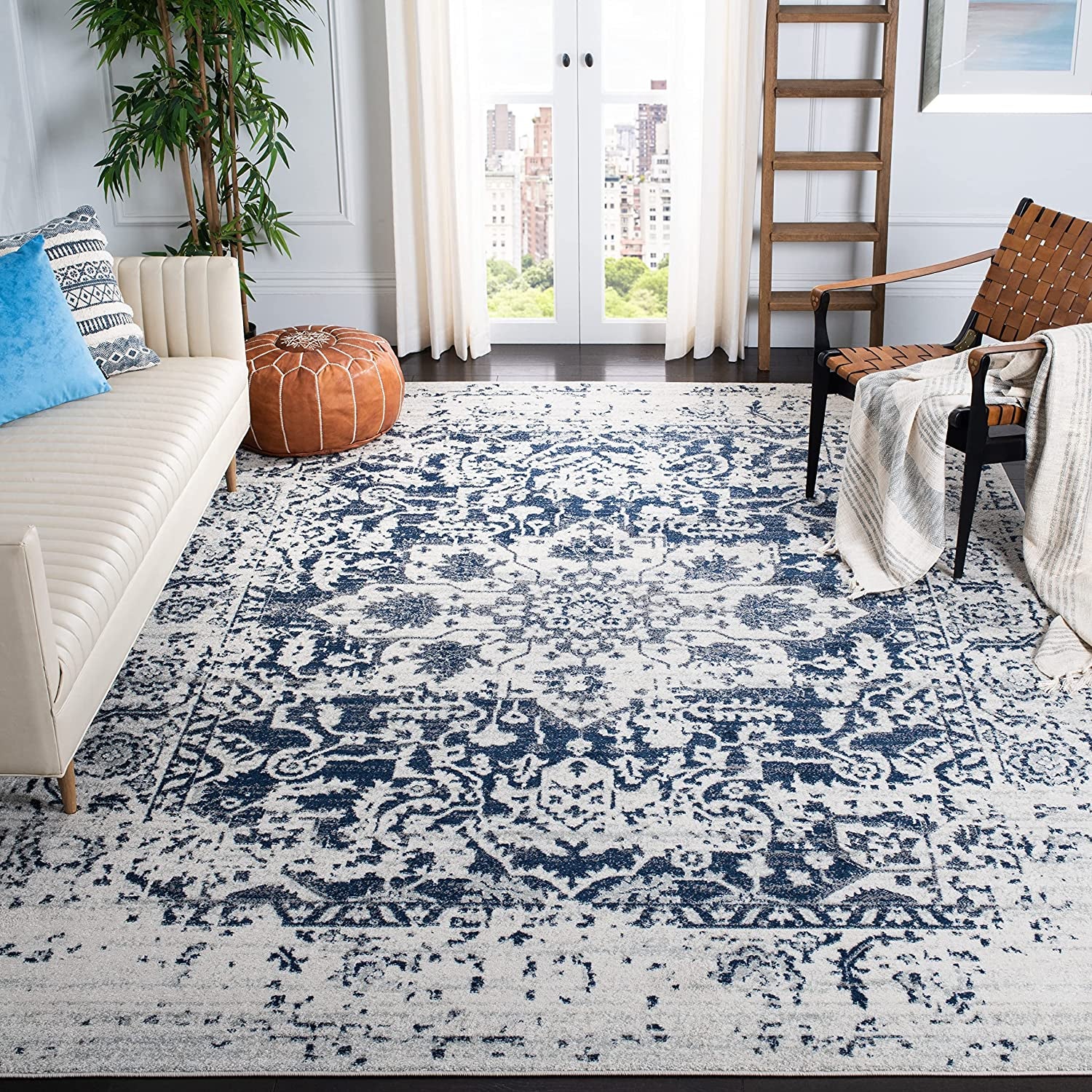 Madison Collection Area Rug - 8' X 10', Cream & Navy, Snowflake Medallion Distressed Design, Non-Shedding & Easy Care, Ideal for High Traffic Areas in Living Room, Bedroom (MAD603D)