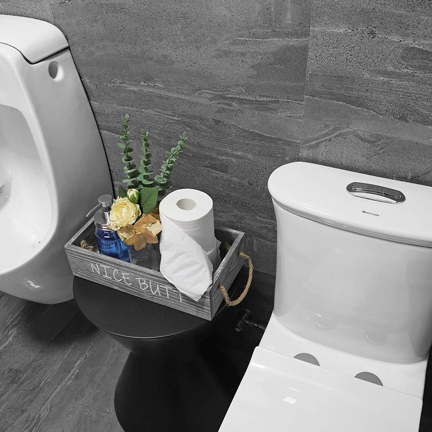Wood Toilet Paper Holder, Farmhouse Nice Butt Bathroom Decor Box with 16Oz Mason Jar Soap Dispenser&Rose Flower,Funny Home Decor Crate for Bathroom,Kitchen,Table Counter, Medium Grey